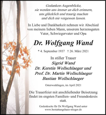 Traueranzeige von Wolfgang Wand  von Magdeburger Volksstimme