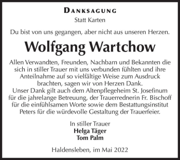 Traueranzeige von Wolfgang Wartchow  von Magdeburger Volksstimme