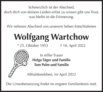 Traueranzeige von Wolfgang Wartchow  von Magdeburger Volksstimme