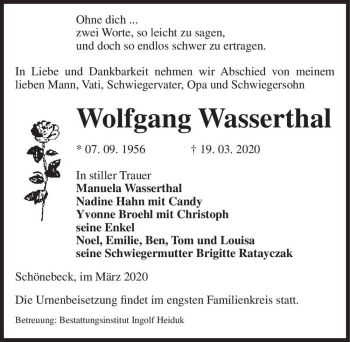Traueranzeige von Wolfgang Wasserthal  von Magdeburger Volksstimme
