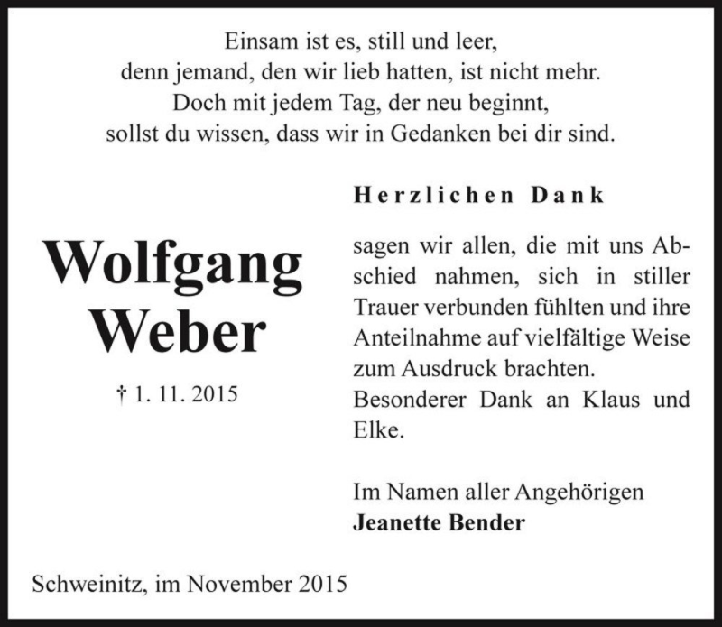  Traueranzeige für Wolfgang Weber  vom 28.11.2015 aus Magdeburger Volksstimme