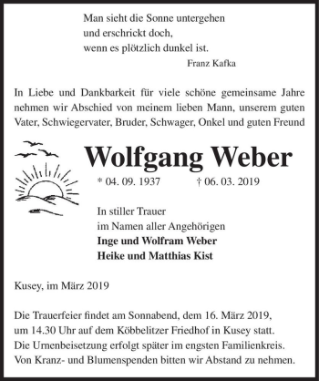Traueranzeige von Wolfgang Weber  von Magdeburger Volksstimme