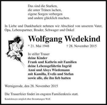 Traueranzeige von Wolfgang Wedekind  von Magdeburger Volksstimme