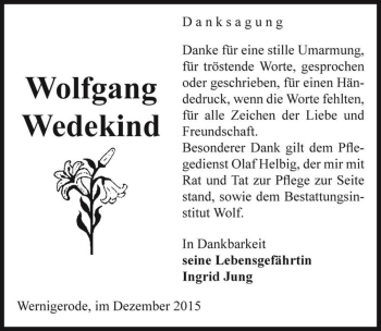 Traueranzeige von Wolfgang Wedekind  von Magdeburger Volksstimme