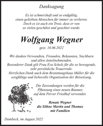 Traueranzeige von Wolfgang Wegner  von Magdeburger Volksstimme