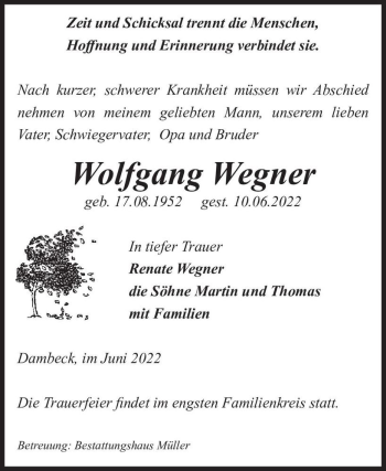 Traueranzeige von Wolfgang Wegner  von Magdeburger Volksstimme
