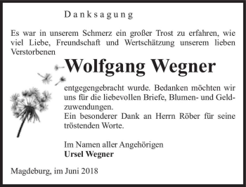 Traueranzeige von Wolfgang Wegner  von Magdeburger Volksstimme