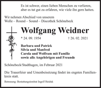 Traueranzeige von Wolfgang Weidner  von Magdeburger Volksstimme