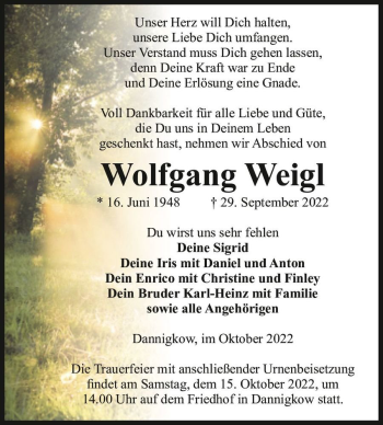 Traueranzeige von Wolfgang Weigl  von Magdeburger Volksstimme