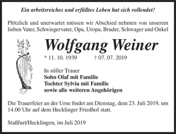 Traueranzeige von Wolfgang Weiner  von Magdeburger Volksstimme