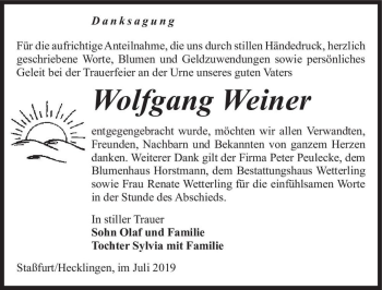 Traueranzeige von Wolfgang Weiner  von Magdeburger Volksstimme