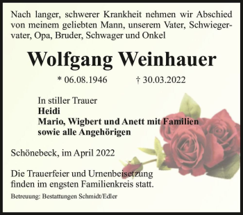 Traueranzeige von Wolfgang Weinhauer  von Magdeburger Volksstimme