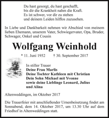 Traueranzeige von Wolfgang Weinhold  von Magdeburger Volksstimme