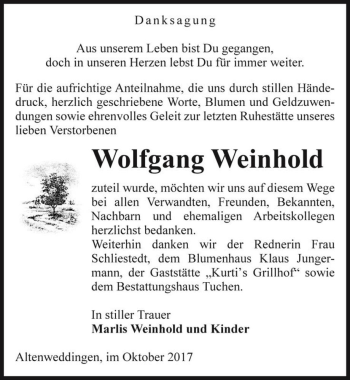 Traueranzeige von Wolfgang Weinhold  von Magdeburger Volksstimme