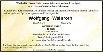 Traueranzeige von Wolfgang Weinroth  von Magdeburger Volksstimme