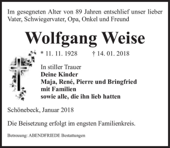 Traueranzeige von Wolfgang Weise  von Magdeburger Volksstimme