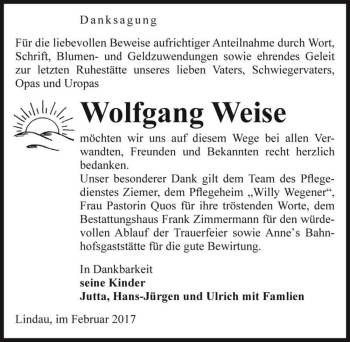 Traueranzeige von Wolfgang Weise  von Magdeburger Volksstimme
