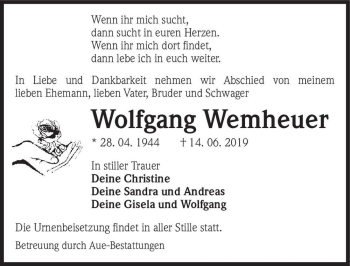Traueranzeige von Wolfgang Wemheuer  von Magdeburger Volksstimme