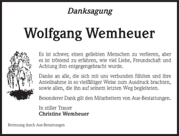 Traueranzeige von Wolfgang Wemheuer  von Magdeburger Volksstimme