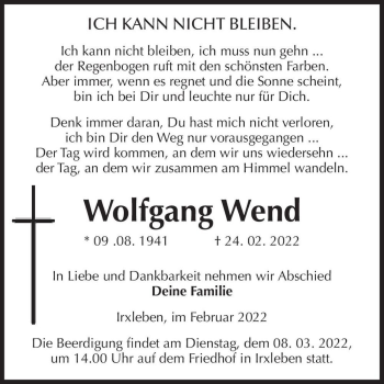 Traueranzeige von Wolfgang Wendt  von Magdeburger Volksstimme