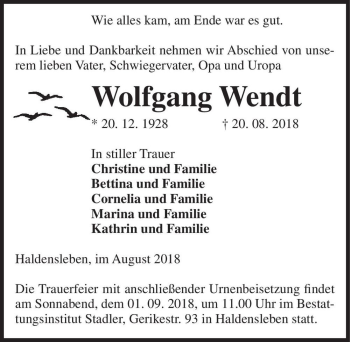 Traueranzeige von Wolfgang Wendt  von Magdeburger Volksstimme