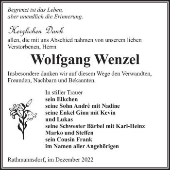 Traueranzeige von Wolfgang Wenzel  von Magdeburger Volksstimme