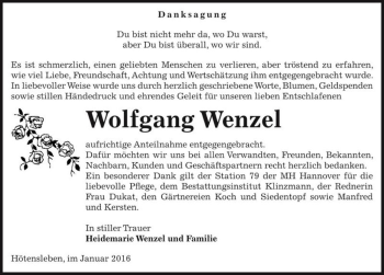 Traueranzeige von Wolfgang Wenzel  von Magdeburger Volksstimme