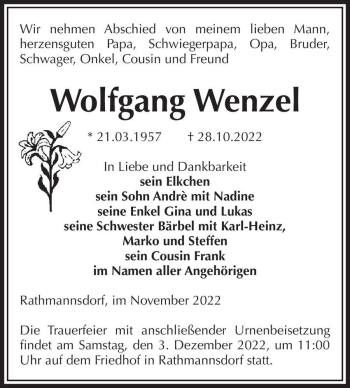 Traueranzeige von Wolfgang Wenzel  von Magdeburger Volksstimme