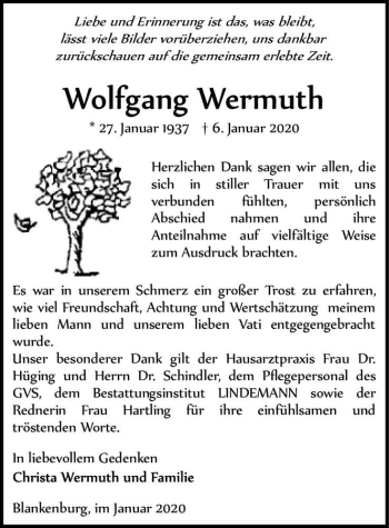 Traueranzeige von Wolfgang Wermuth  von Magdeburger Volksstimme