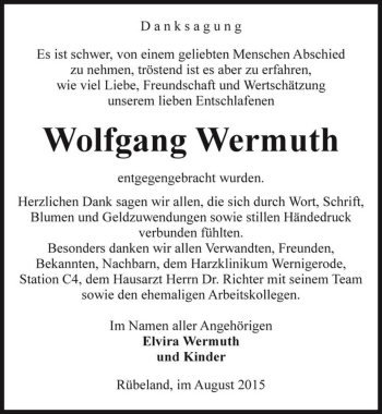 Traueranzeige von Wolfgang Wermuth  von Magdeburger Volksstimme