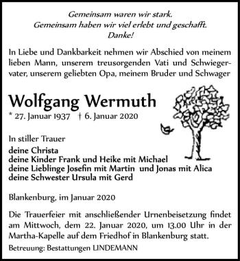 Traueranzeige von Wolfgang Wermuth  von Magdeburger Volksstimme
