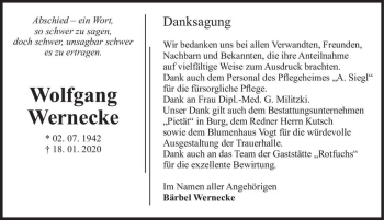 Traueranzeige von Wolfgang Wernecke  von Magdeburger Volksstimme