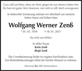 Traueranzeige von Wolfgang Werner Zenß  von Magdeburger Volksstimme