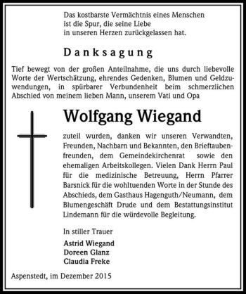 Traueranzeige von Wolfgang Wiegand  von Magdeburger Volksstimme