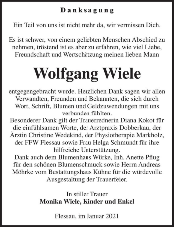 Traueranzeige von Wolfgang Wiele  von Magdeburger Volksstimme