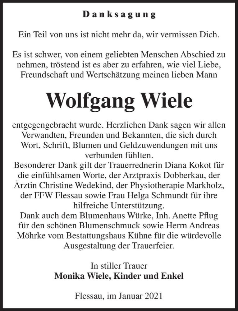  Traueranzeige für Wolfgang Wiele  vom 12.01.2021 aus Magdeburger Volksstimme