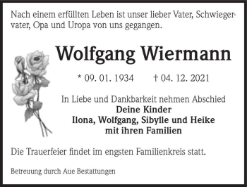 Traueranzeige von Wolfgang Wiermann  von Magdeburger Volksstimme