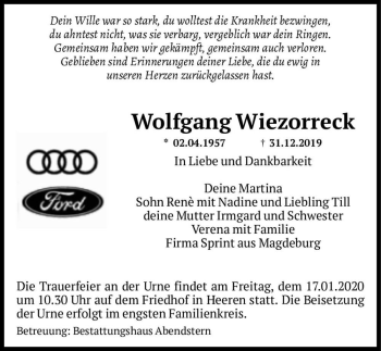 Traueranzeige von Wolfgang Wiezorreck  von Magdeburger Volksstimme