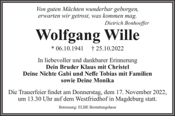 Traueranzeige von Wolfgang Wille  von Magdeburger Volksstimme