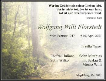 Traueranzeige von Wolfgang Willi Florstedt  von Magdeburger Volksstimme