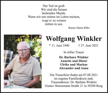 Traueranzeige von Wolfgang Winkler  von Magdeburger Volksstimme