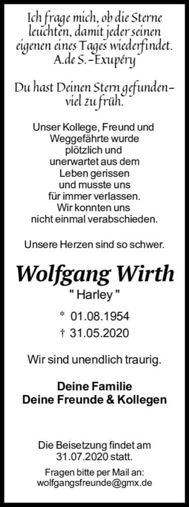  Traueranzeige für Wolfgang Wirth  vom 18.07.2020 aus Magdeburger Volksstimme