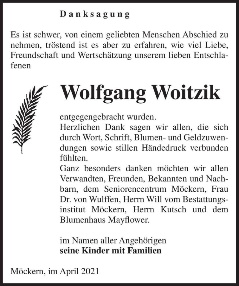  Traueranzeige für Wolfgang Woitzik  vom 24.04.2021 aus Magdeburger Volksstimme