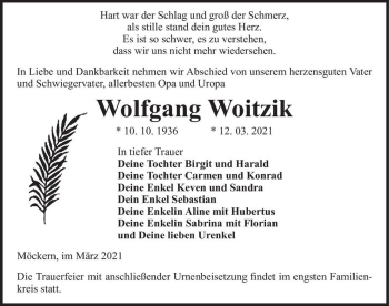 Traueranzeige von Wolfgang Woitzik  von Magdeburger Volksstimme