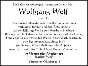 Traueranzeige von Wolfgang Wolf  von Magdeburger Volksstimme