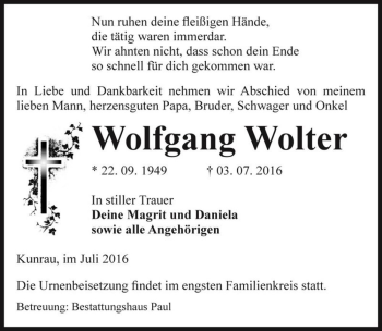 Traueranzeige von Wolfgang Wolter  von Magdeburger Volksstimme