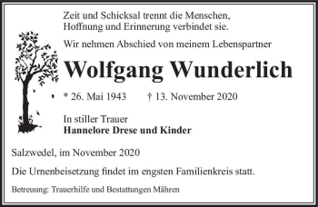 Traueranzeige von Wolfgang Wunderlich  von Magdeburger Volksstimme