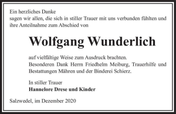 Traueranzeige von Wolfgang Wunderlich  von Magdeburger Volksstimme