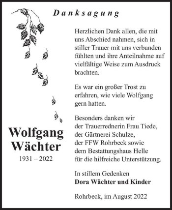 Traueranzeige von Wolfgang Wächter  von Magdeburger Volksstimme