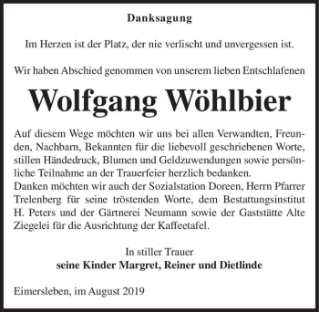 Traueranzeige von Wolfgang Wöhlbier  von Magdeburger Volksstimme